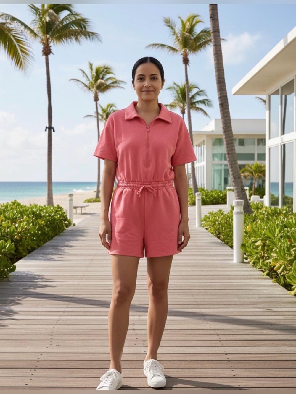 Rae Mode: Chic Pink Modal Scuba Quarter-Zip Short-Sleeve Romper
